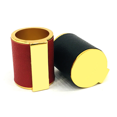 kaufen Klassische Zink-Legierungs-Gold-Farbe mit ledernem Textil-Zylinder formen Metall-Zamac-Parfümflasche-Kappe online manufacture