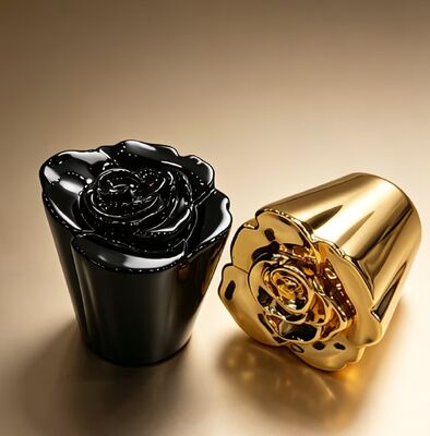 kaufen Luxuriöser Rosen-Skulptur-Parfümverschluss in Gold & Schwarz Zinklegierung Online-Herstellung