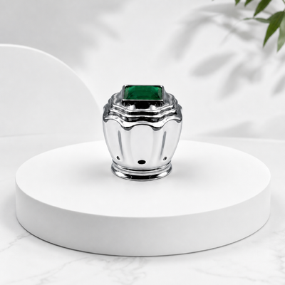 kaufen Factory Custom Logo Mirror Silver Wavy Tiered Zamac Perfume Cap Gloss Zinc Alloy Wave Layer Lid With Square Emerald Crystal Compatible FEA15 50ml Vertical Rib Glass Perfume Bottles Online-Herstellung