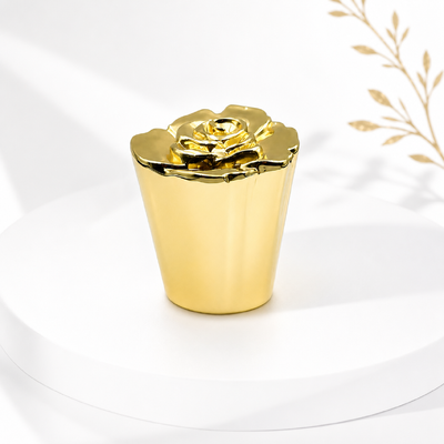 Fabrik Custom Logo Spiegel poliert 3D Rose Flower Zamac Parfüm Kappe Glanz Gold Zinklegierung Spitzenkegel Floral Deckel kompatibel FEA15 Glas Frauen Oud Parfüm Flaschen