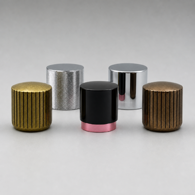 Cylindrical Knurled Ribbed Zamac Perfume Bottle Cap Antique Bronze Silver Two‑Tone Metal Lid Custom Logo For Fragrance Bottle