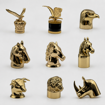 Luxus vergoldete 3D-Tierskulptur Zamac Parfumkappe, Adlerpferd Löwe Stier Nashorn Tierkopf Metallparfüm Schließung Custom Logo für arabische Männer Parfümflaschen