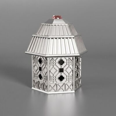Luxus Pavillon Haus Stil Zamak Parfümkappe Sechseck Hohl Gitter Schnitzerei mit eingelegtem rosa Edelstein FEA15 Mund Zinklegierung Parfümabdeckung Hellgold Galvanik Kundenspezifisches Logo Direktvertrieb
